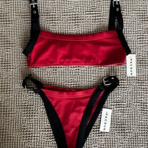 PacSun Red Belt Buckle High Cut Bikini Bottom + Tank Bikini Top Set XS/S